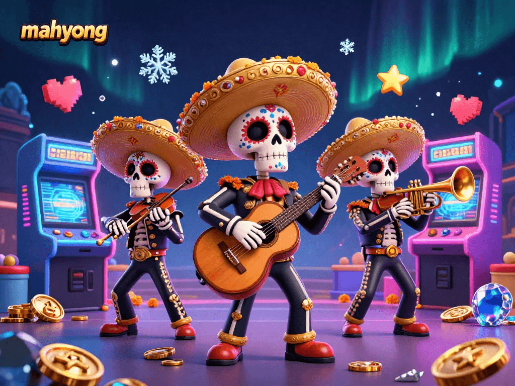 Spin the reels with mahyong, featuring vibrant mariachi characters and arcade elements.