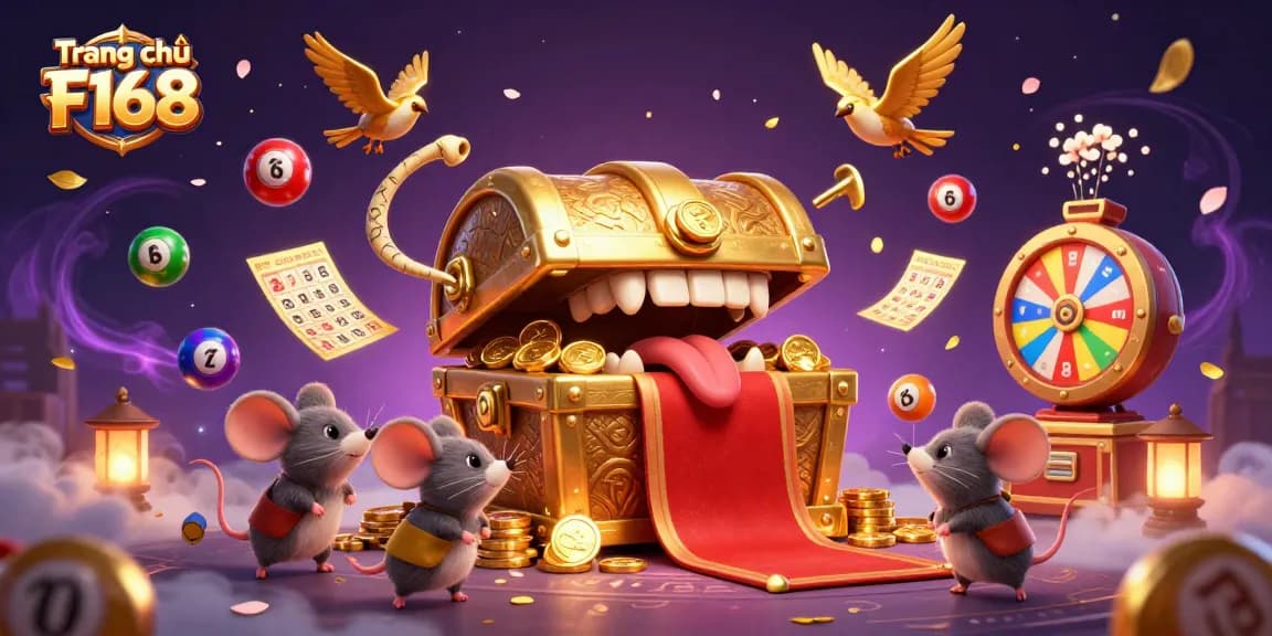 Experience the excitement at Trang chủ F168 with dynamic lottery games and golden prizes in 3D illustration.
