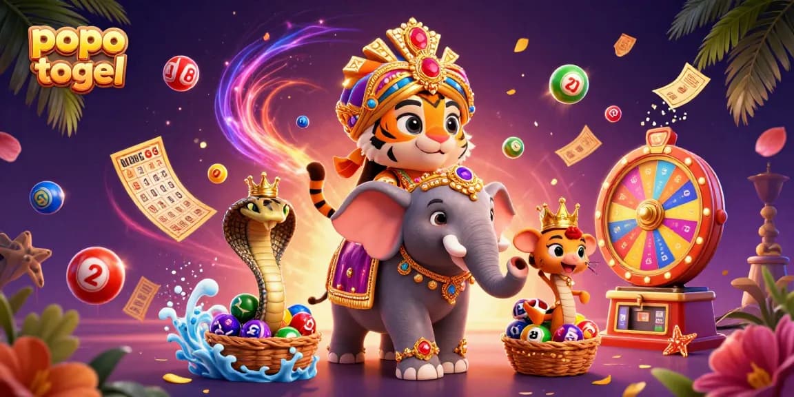Win exciting prizes with popo togel in a vibrant 3D lottery scene featuring colorful balls and a prize wheel.