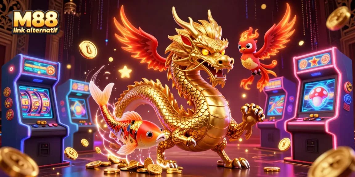 Menangkan dengan M88 link alternatif, ilustrasi kasino 3D yang penuh warna dan detail.