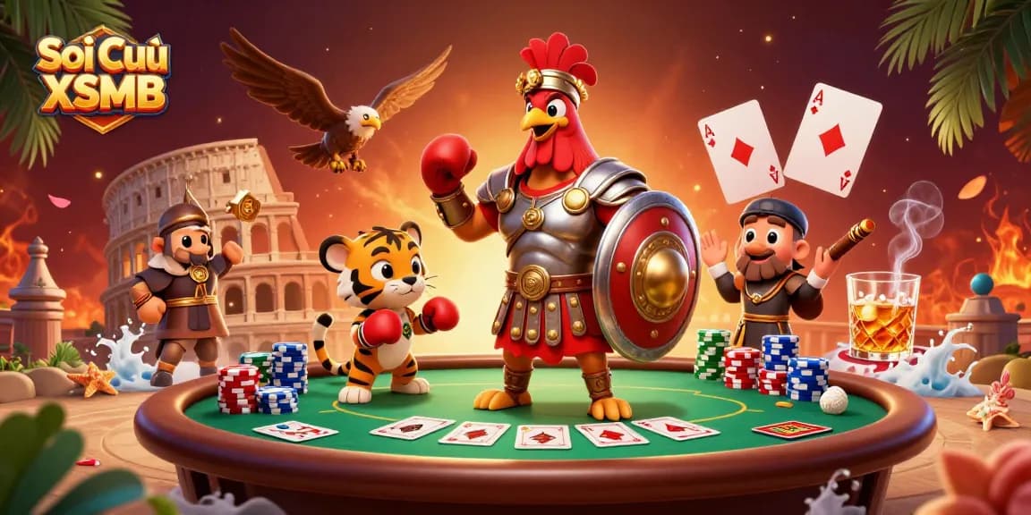 Soi Cầu XSMB illustration featuring a gladiator rooster and entertaining gambling elements in a lively casino atmosphere.