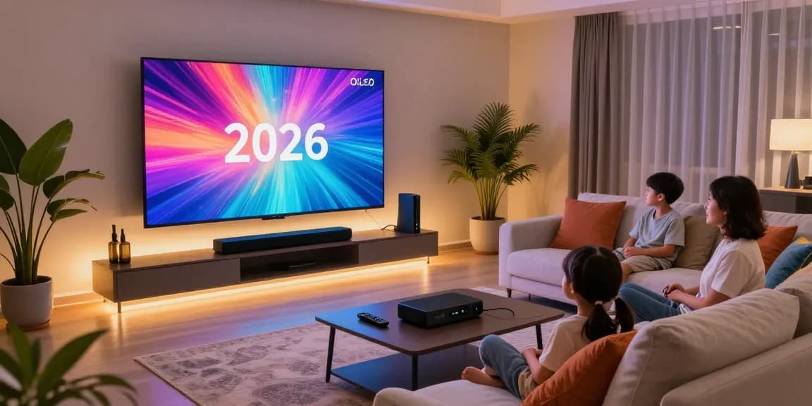 Cozy family enjoying a movie on a vibrant smart TV 2026 in a modern living room.