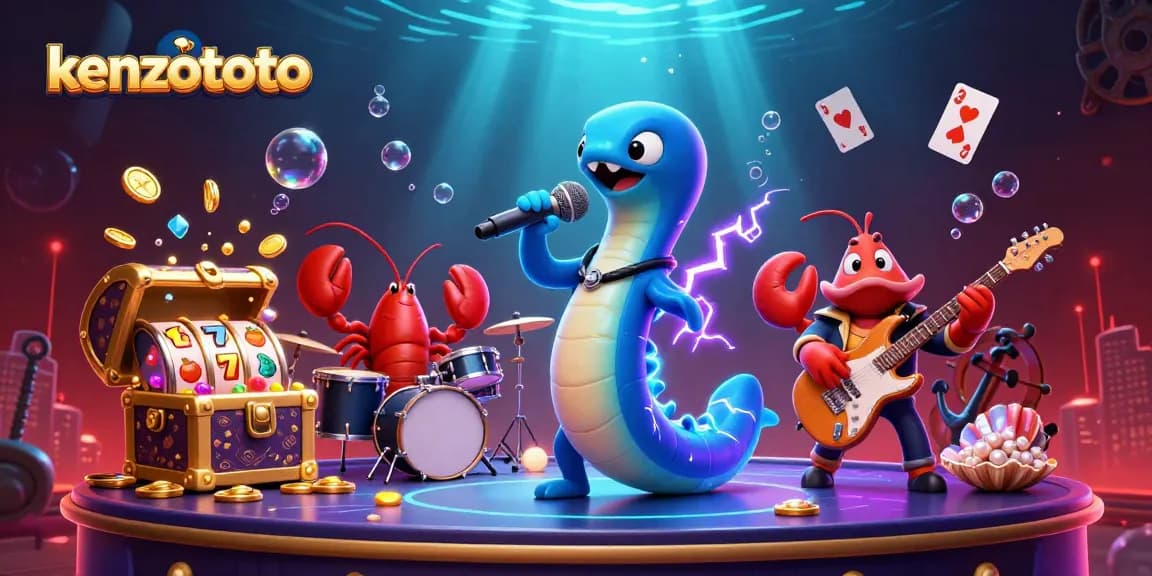 Kenzototo casino scene with electric eel DJ and band in vibrant underwater theme