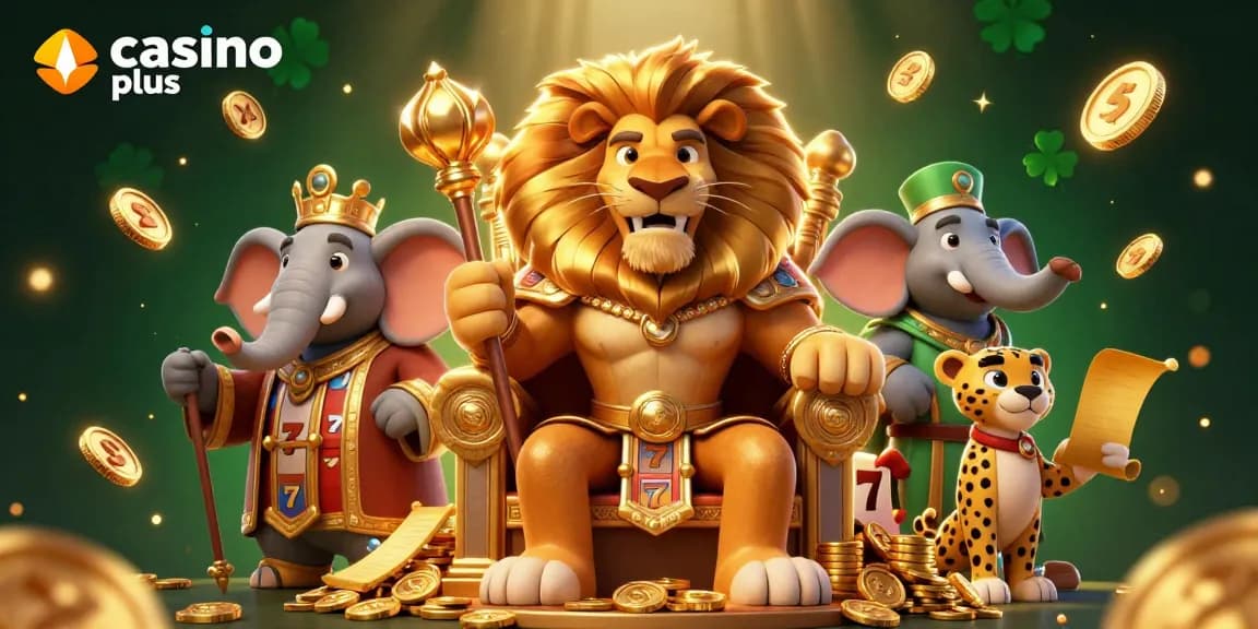 Engage in thrilling action at casino plus with a lion king, wise elephant, and cheetah among gold coins.