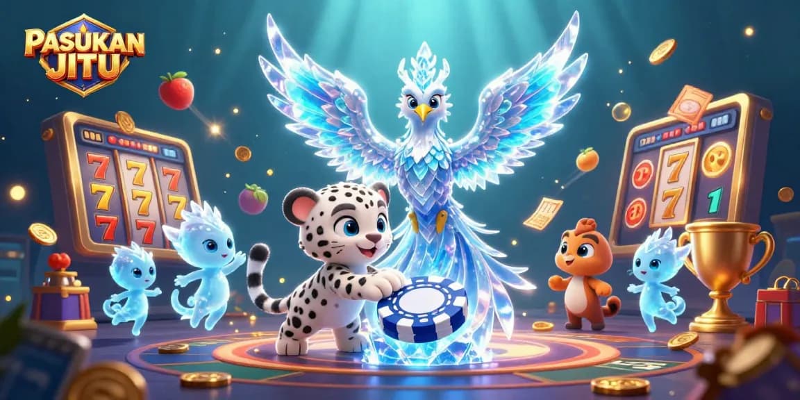 Join the fun at PASUKAN JITU with a dazzling 3D illustration featuring colorful slot games and mythical creatures.