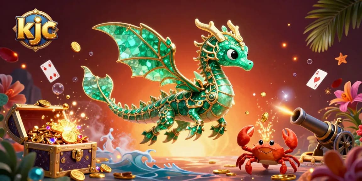 Play and win at KJC with an elegant sea dragon guarding treasure and vibrant casino elements.