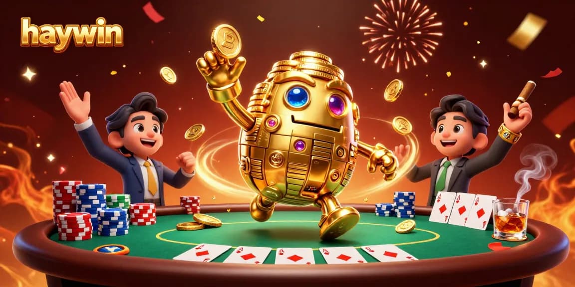 Experience the excitement of haywin with a 3D illustration of a golden golem and poker elements.