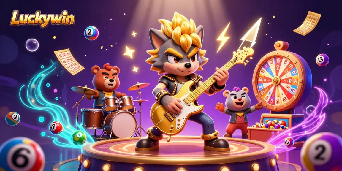 Experience the thrill of Luckywin with a vibrant casino scene featuring cartoon characters and games.