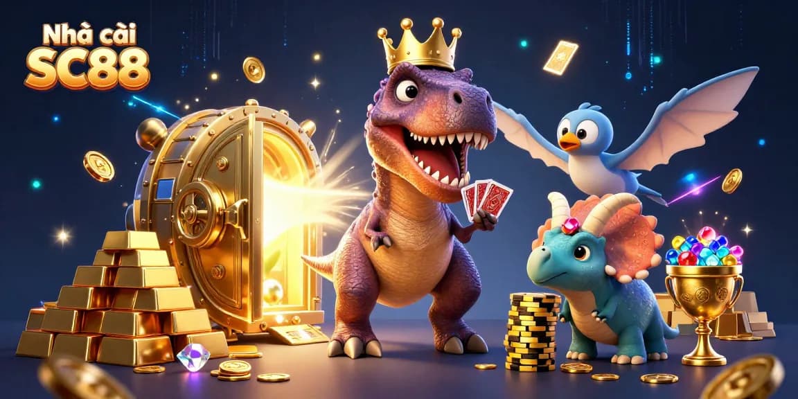 Experience the vibrant action at Nhà cái SC88 with friendly dinosaurs enjoying casino fun.