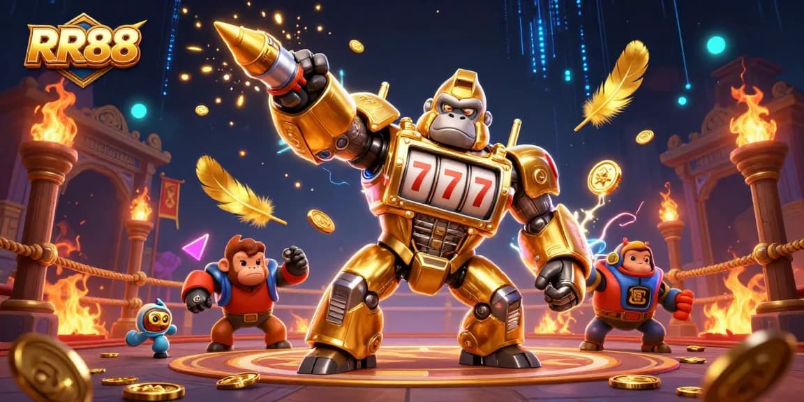 RR88 showcases an epic golden gorilla mech, surrounded by dynamic casino elements for thrilling gaming experiences.