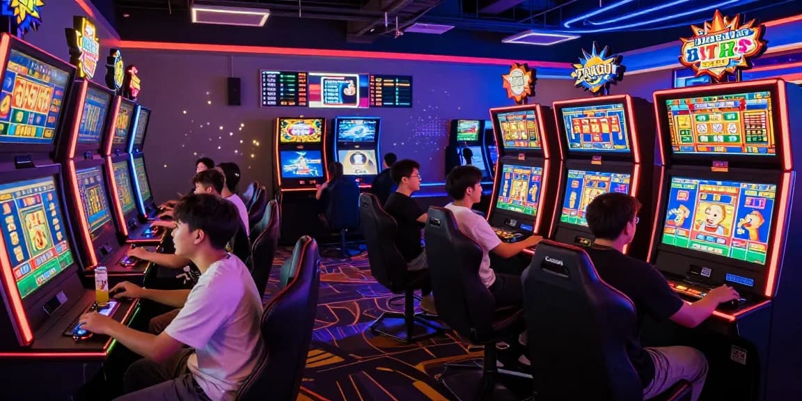 Excited players at vibrant arcade with slots and jackpots, showcasing deposit tanpa minimal