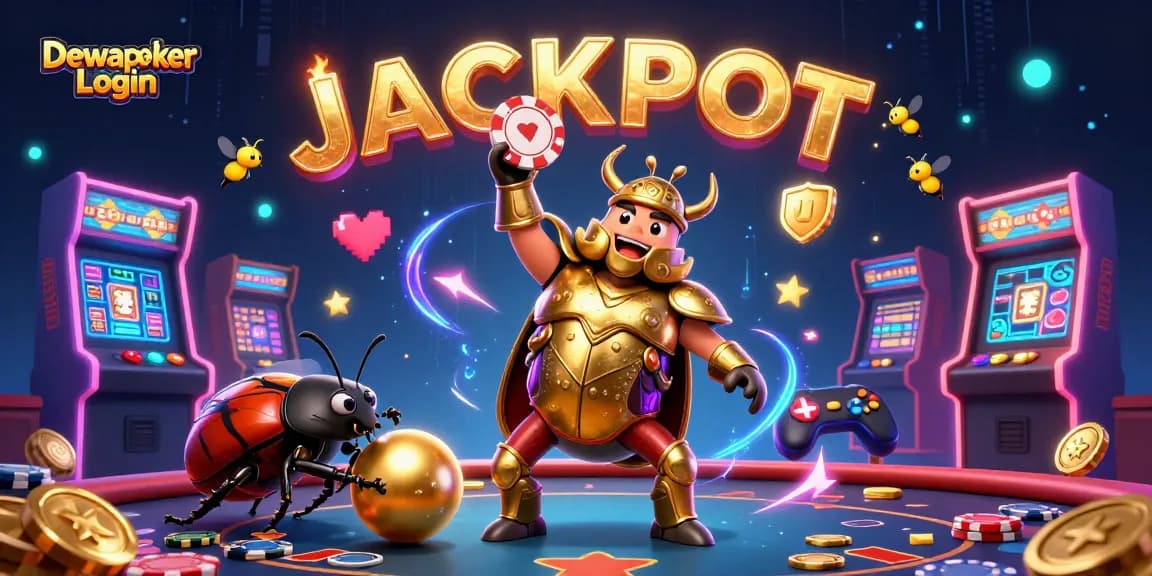 Dewapoker Login and join exciting poker games as cartoon hercules beetle triumphantly raises a poker chip