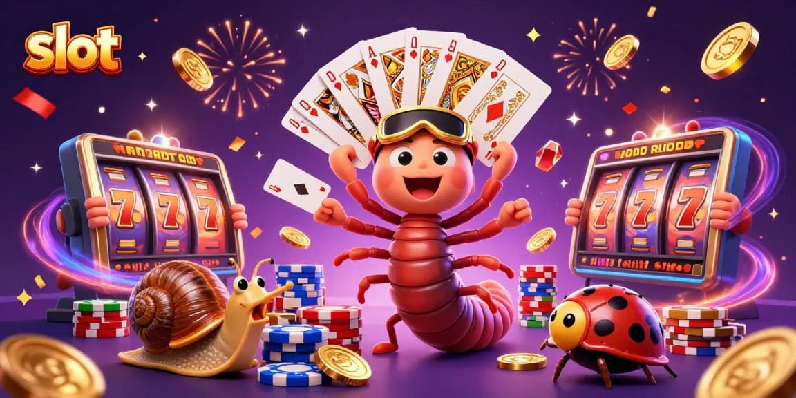 Memenangkan slot dengan dealer kartu kartun dan simbol jackpot di kasino online yang penuh warna.