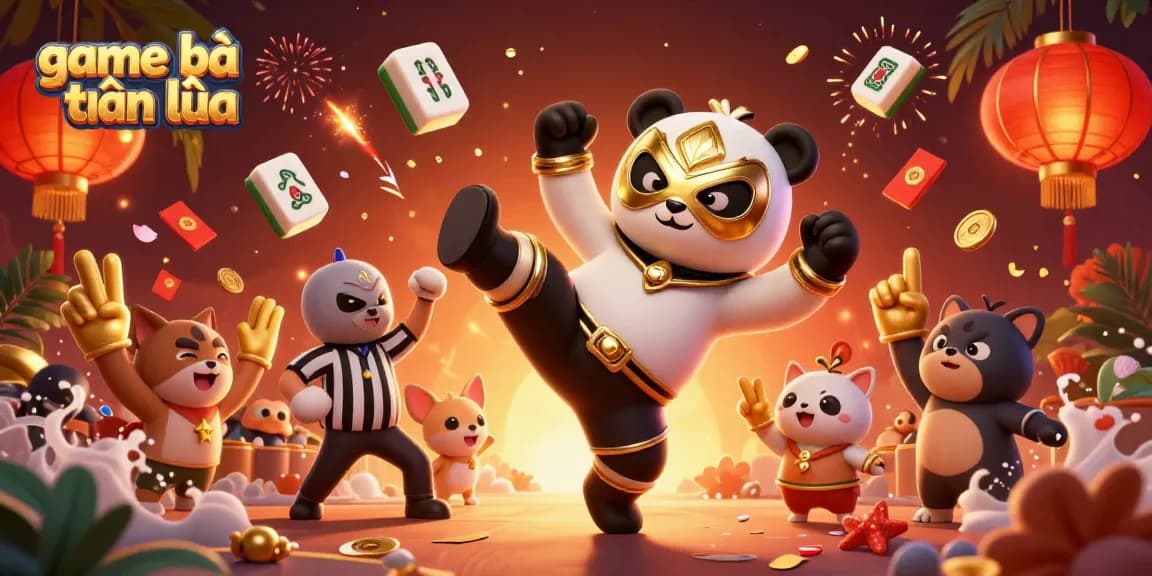 Engaging scene of game bài tiến lên with a panda wrestler, chihuahua referee, and animal spectators, celebrating victory.