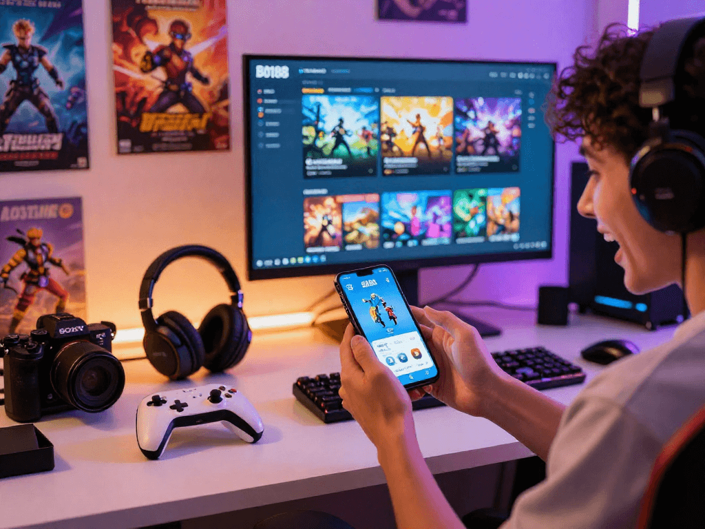 Isang gumagamit ng bd188 app na nag-eenjoy sa mga laro sa kanyang smartphone sa isang masiglang gaming setup.
