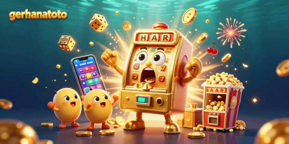 Menangkan jackpot di gerhanatoto dengan mesin slot emas yang ceria sambil mengeluarkan koin emas.
