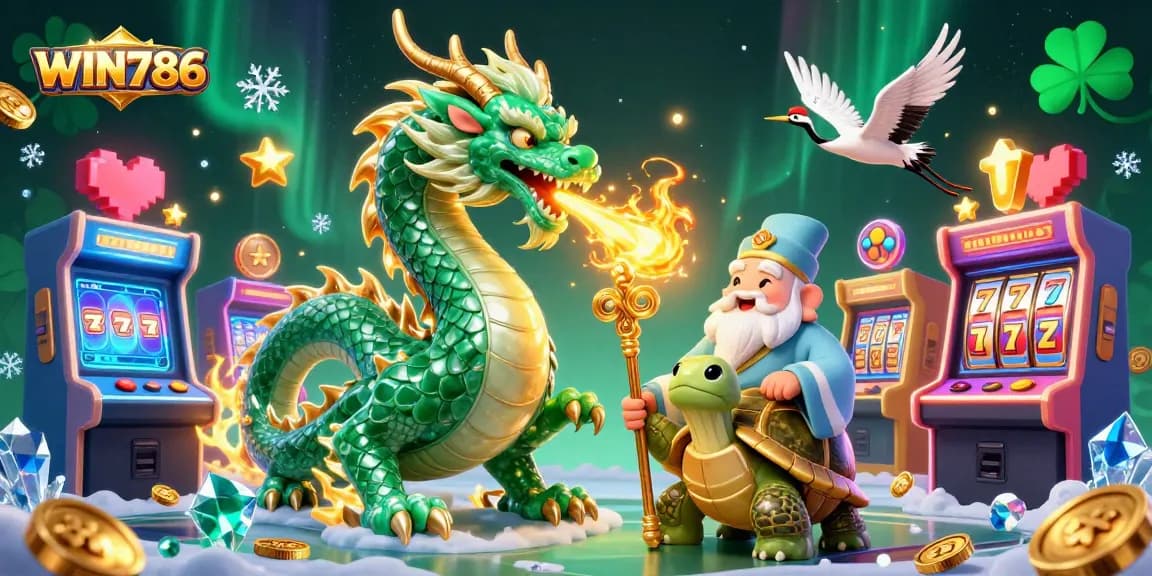 Experience thrilling gameplay at WIN786 with a dragon, turtle sage, and lucky cranes in a vibrant casino scene.
