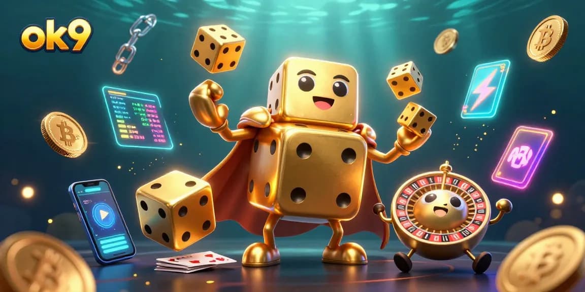 Engage in thrilling games at ok9 with golden dice golem, crypto coins, and vibrant casino elements.