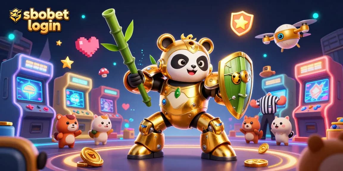 Engage with sbobet login in an animated casino world featuring a golden panda in action.