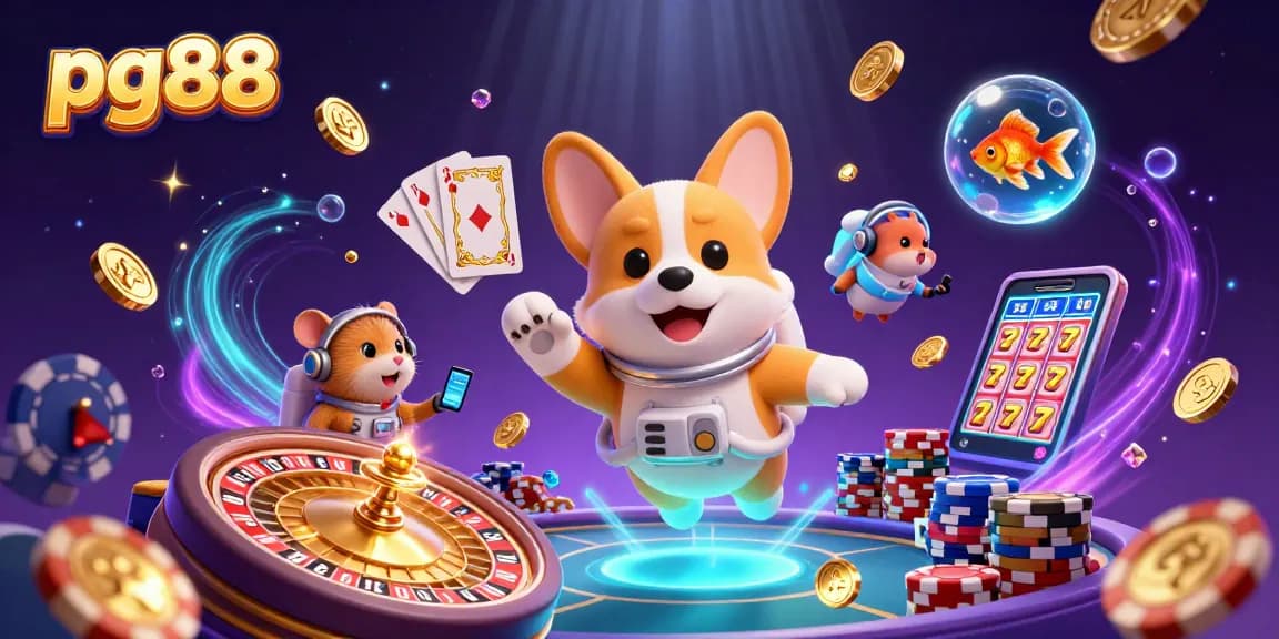 Experience thrilling gaming with pg88 as a cartoon astronaut corgi navigates a vibrant casino space, surrounded by playful coins and games.