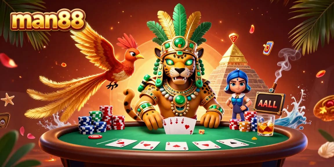 Play at man88's vibrant casino with colorful poker chips, a Mayan jaguar priest, and a quetzal bird.