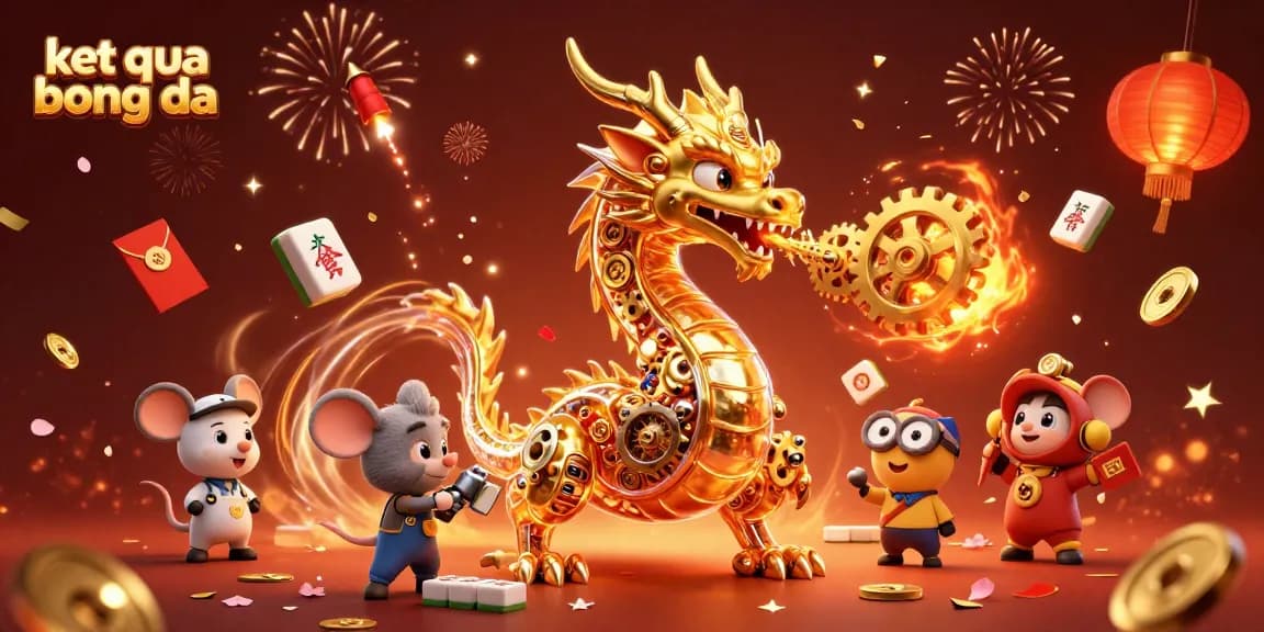 Engage with ket qua bong da in this vibrant 3D illustration of a dragon breathing gears amid festive imagery.