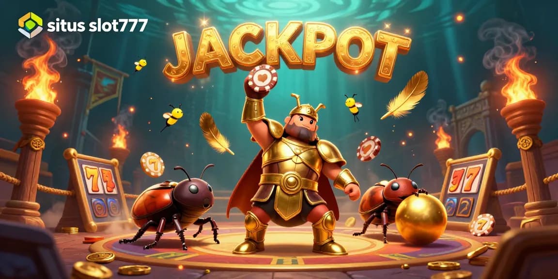 Situs slot777 menghadirkan perayaan jackpot dengan serangga menang dalam pertarungan seru, dikelilingi koin emas dan simbol keberuntungan.