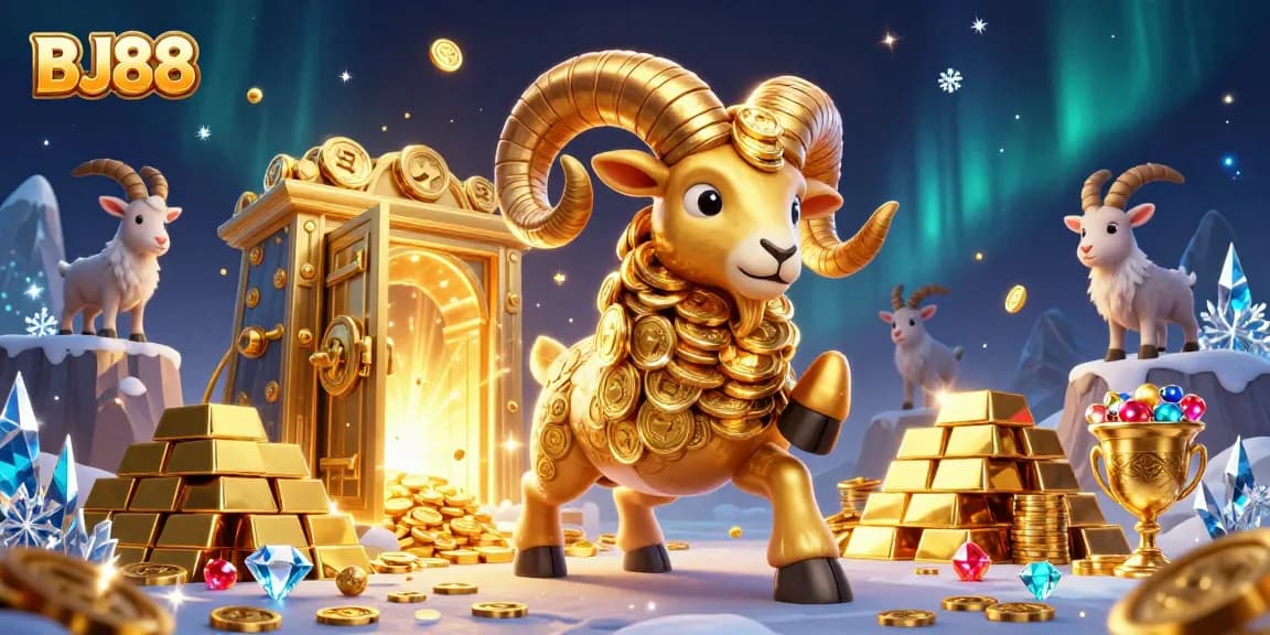 BJ88 captures the thrill of casino gaming with a golden ram charging through a treasure vault scene.