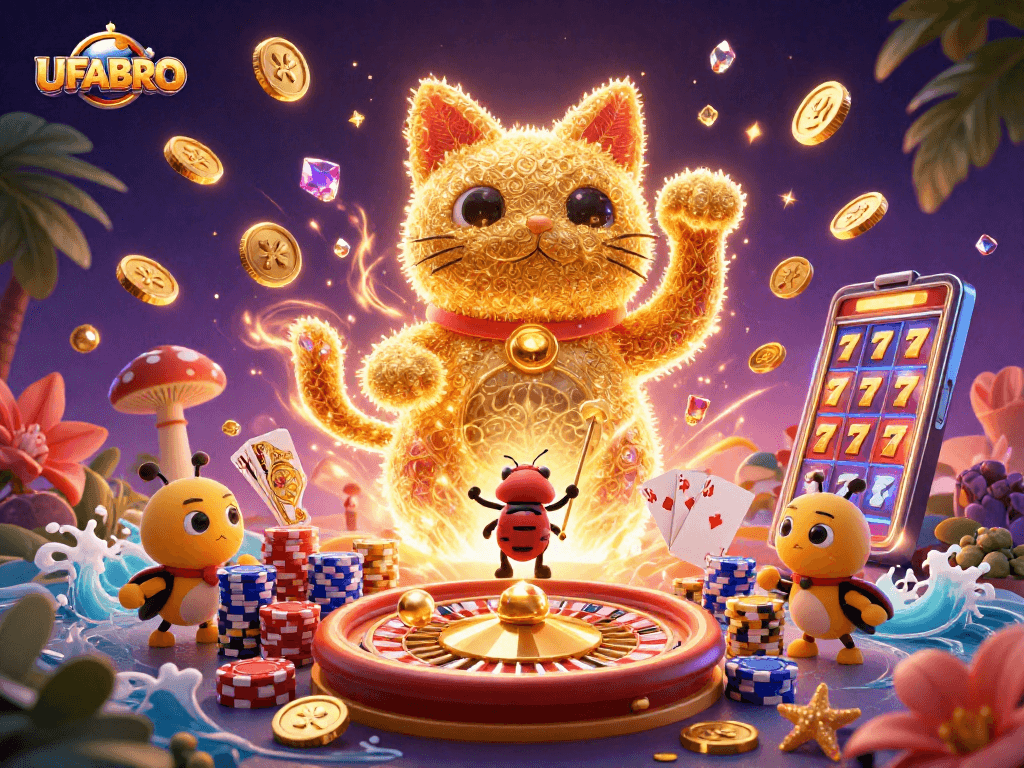 Experience wins at UFABRO with golden fireflies and casino symbols in a vibrant scene.