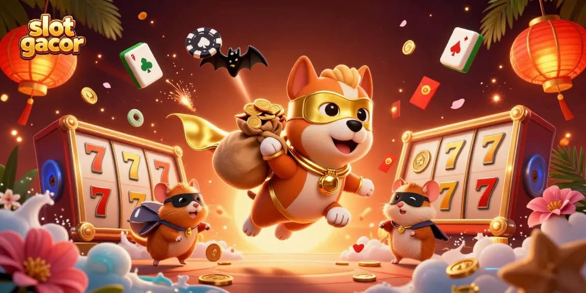 Menangkan slot gacor dengan keberuntungan 3D superhero anjing dan rekan hamster dalam ilustrasi kasino yang menakjubkan.