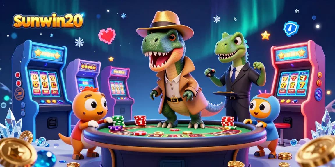 Win big with sunwin20 in an exciting casino scene featuring unique cartoon characters.