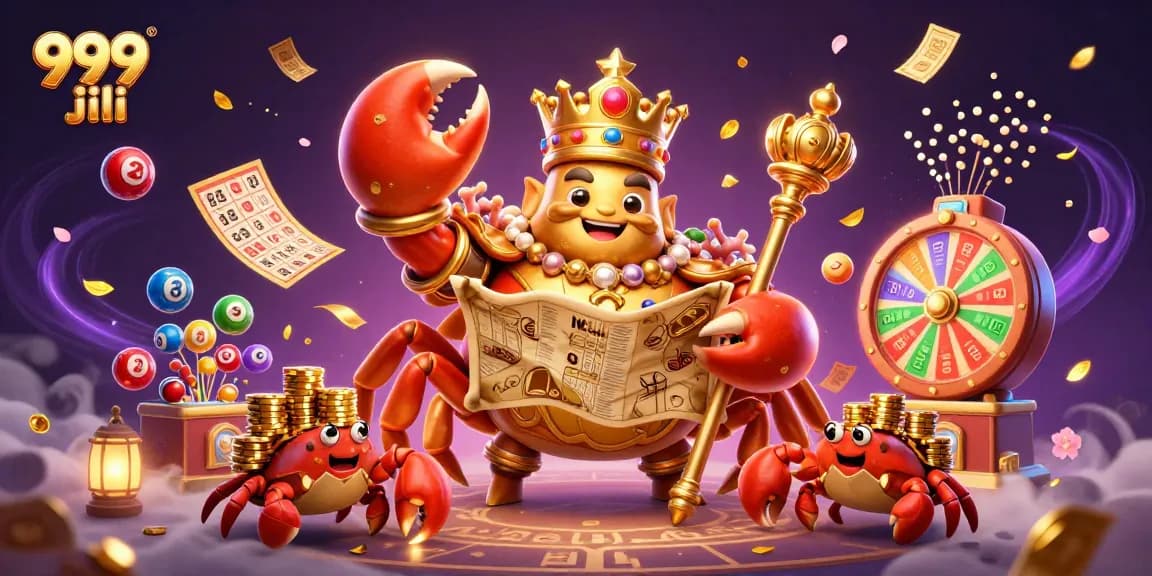 Experience the vibrant world of 999 jili as the golden crab emperor and hermit crabs showcase excitement with dynamic lottery balls and games.