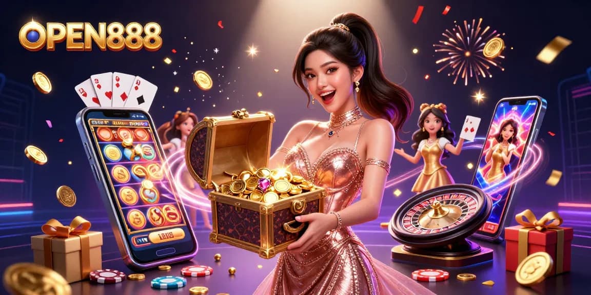 Experience the thrill of winning at OPEN888 with treasure chests bursting with coins and colorful slot games.