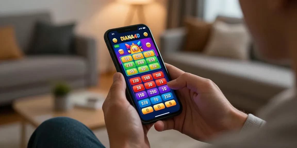 Pengguna DIANA4D memanfaatkan smartphone untuk memasang taruhan, dikelilingi elemen permainan menarik.