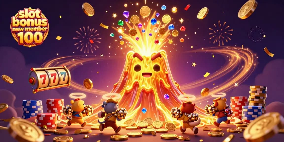 Experience excitement with slot bonus new member 100 in this vibrant casino-themed illustration.