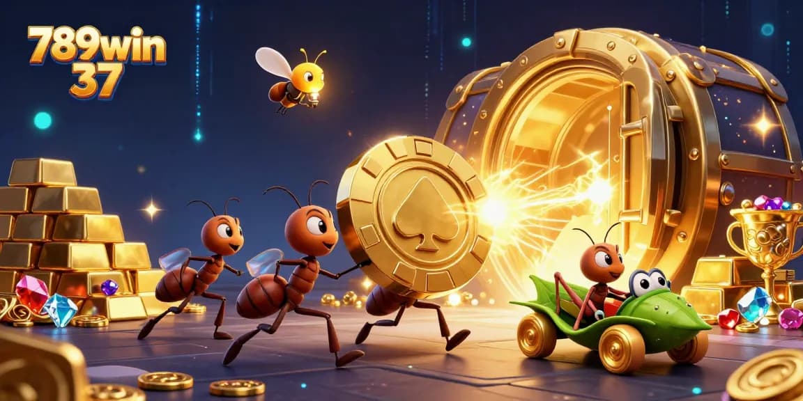 Engage with thrilling adventures at 789win 37, featuring cartoon ants in a heist with golden treasures.