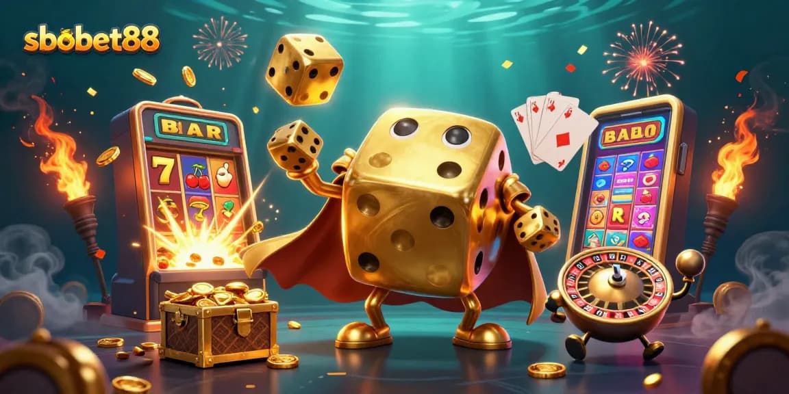 Experience sbobet88 betting with dynamic slots and action-packed golden dice in an engaging casino scene.