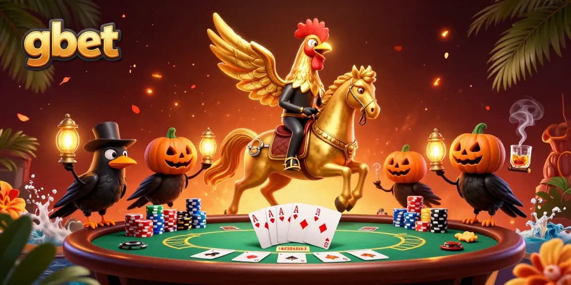 Engage with gbet’s dynamic casino scene featuring a golden rooster, poker chips, and vibrant game elements.
