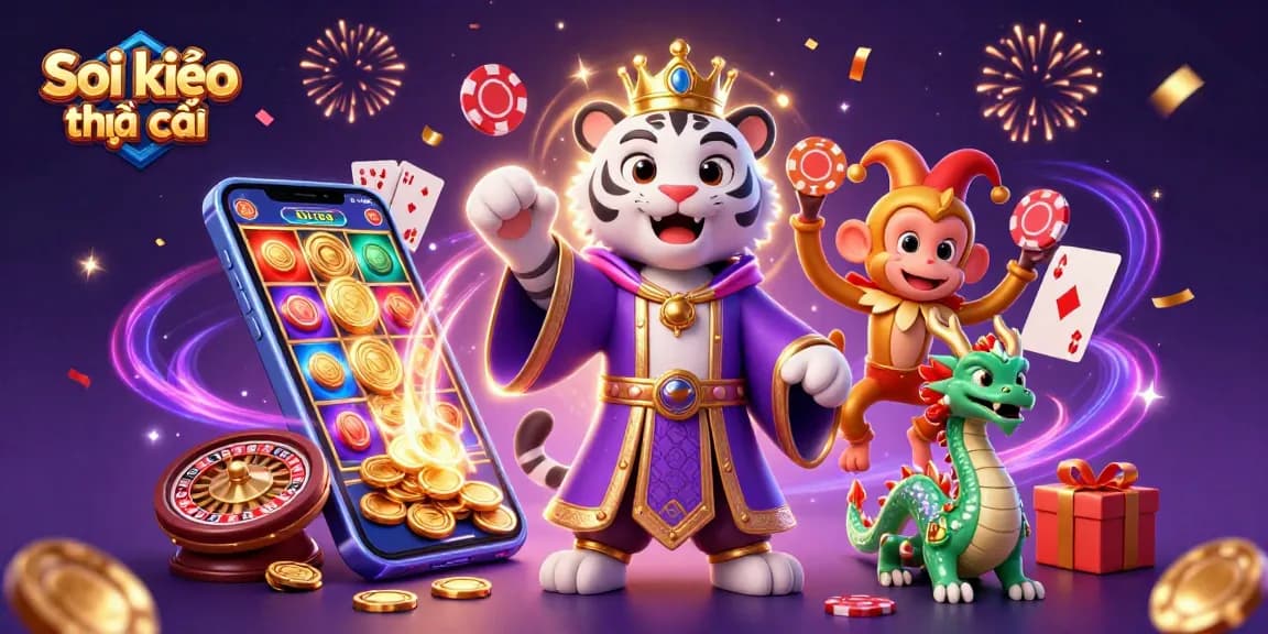 Soi kèo nhà cái with a majestic white tiger, playful monkey, and interactive gaming elements.