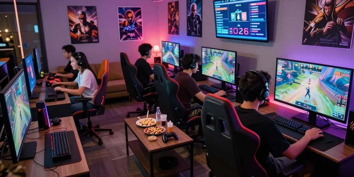 Friends enjoying games at a hit club gathering, with snacks and vibrant LED lighting