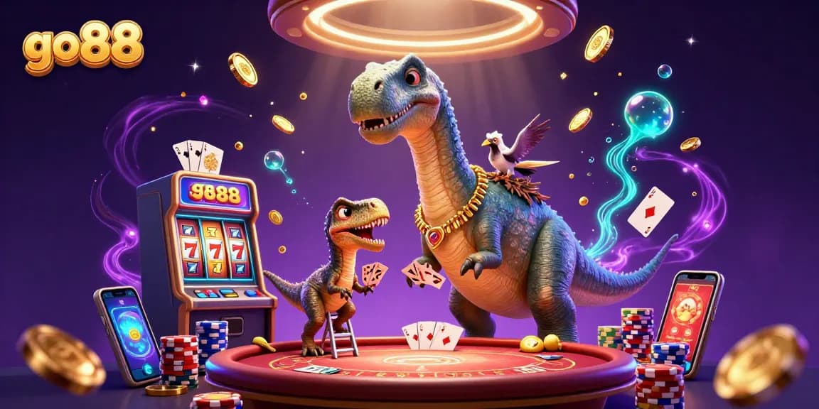 Go 88 themed slots illustration with a brontosaurus and raptor creating a casino scene.