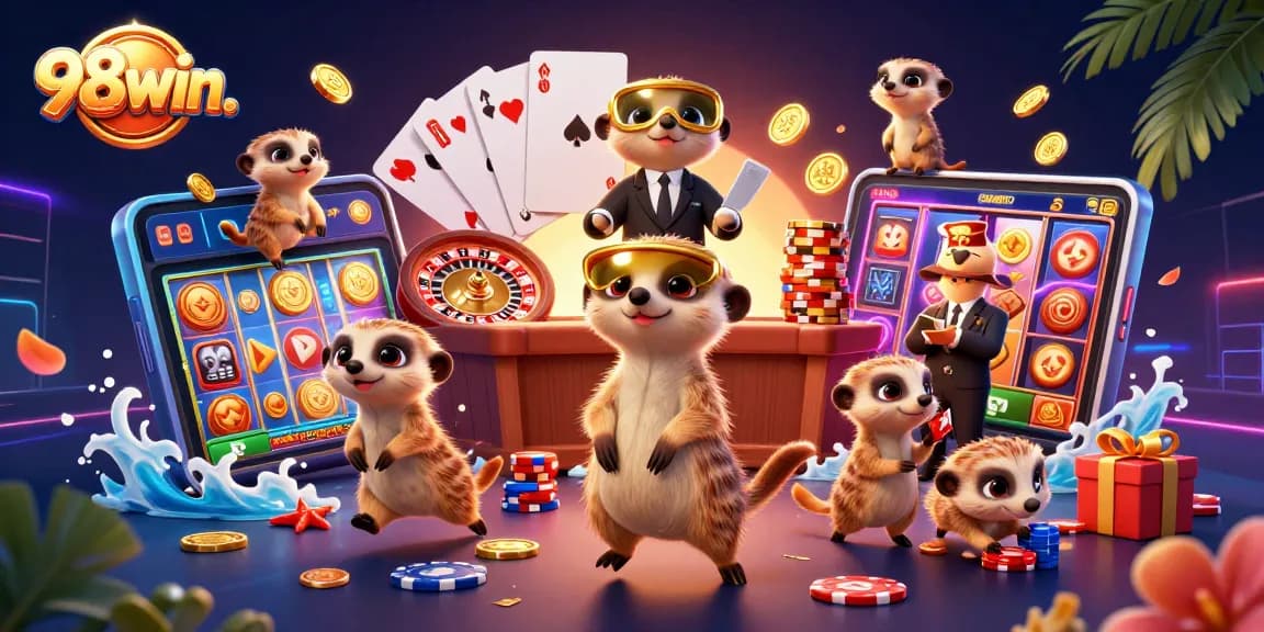 Experience thrilling action at 98win. with a vibrant meerkat casino scene showcasing colorful games and excitement.