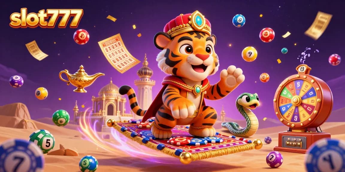 Experience thrilling games at slot777 with vibrant illustrations of a tiger sultan and lucky symbols.