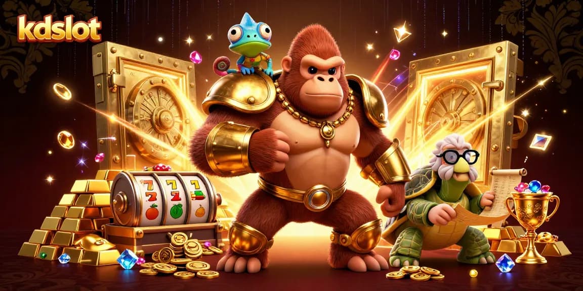 Spin slots with kdslot's lively characters in a dynamic casino scene, showcasing treasures and excitement.