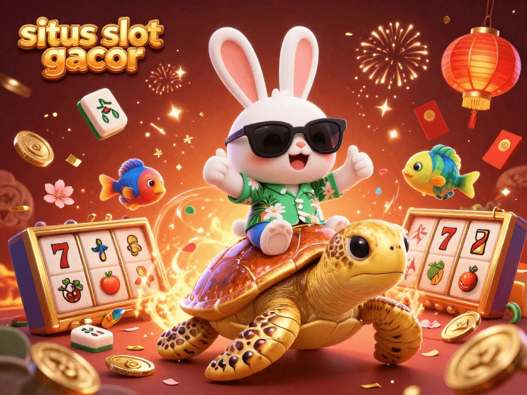 Splash into action at situs slot gacor with this vibrant scene of a lucky rabbit and a golden turtle amidst explosive casino elements!