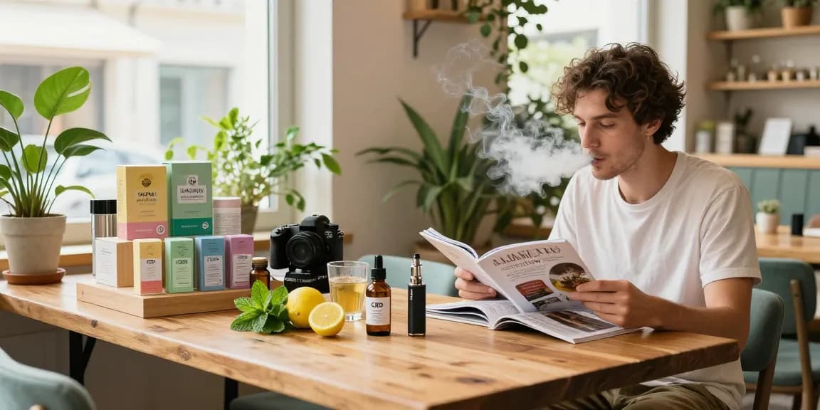 Can you vape in Cyprus? Enjoying a natural wellness moment with CBD oil and vaping device in a café.