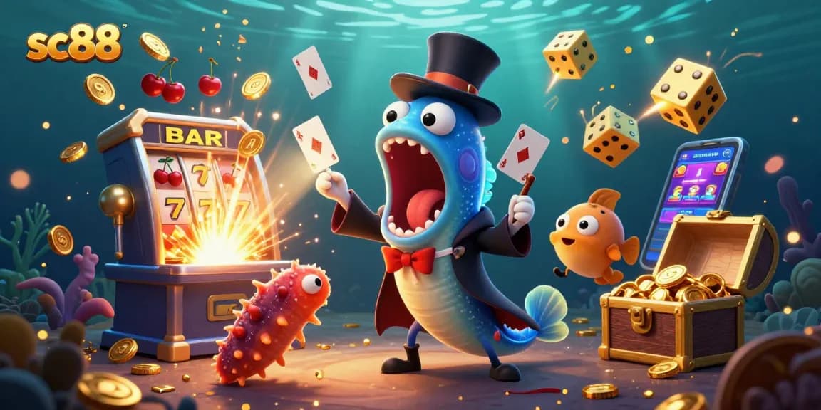 Experience sc88 excitement with vibrant casino characters in a magical underwater scene filled with winning treasures.