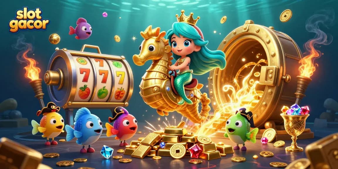 Engage in the excitement of slot gacor with a colorful underwater casino scene featuring vibrant characters and gold treasures.