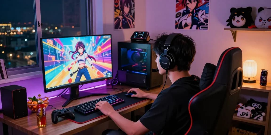 Gamer immersed in a hentai game experience with vibrant visuals and engaging setup.