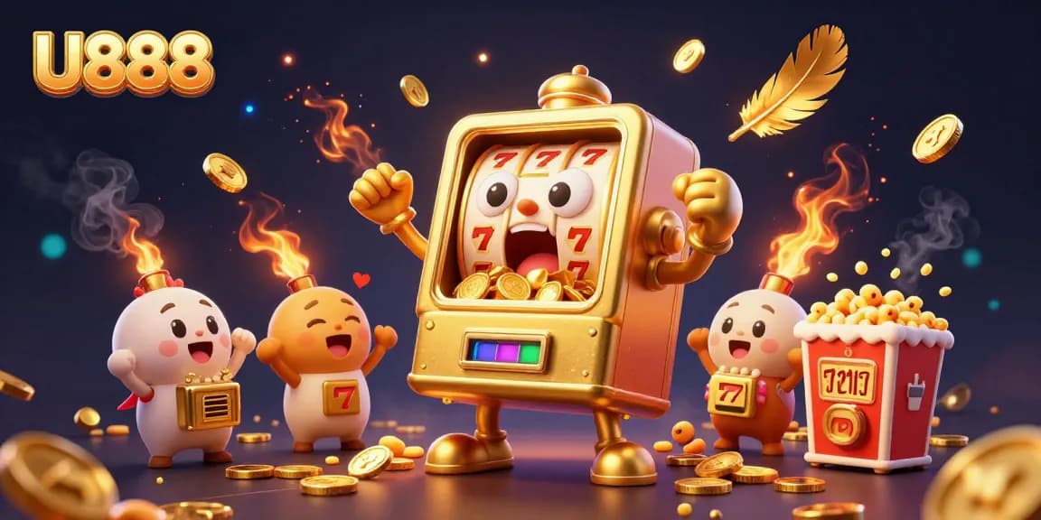 U888 slot machine hits jackpot, bursting coins in an exciting casino scene with golden effects.